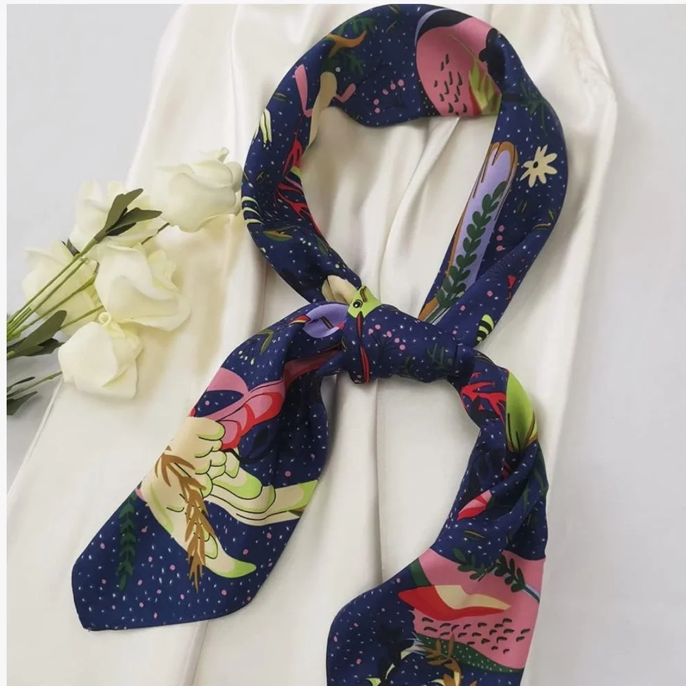 Silk Bird Print Head Scarf 35